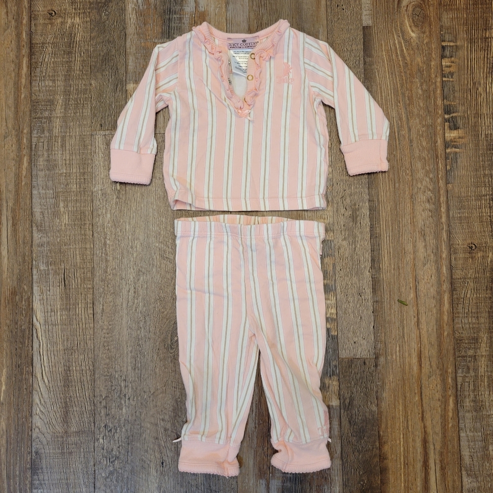 Juicy Couture 3-6 Months Pink and White Striped Matching Long Sleeve Pant Set